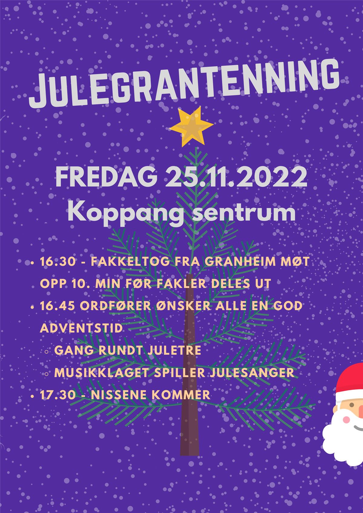 Viser programoversikt for julegrantenning i Koppang sentrum - Klikk for stort bilde